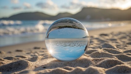 Obraz premium Crystal Ball Reflecting Scenic Beach Landscape and Seascape Under Soft Natural Light