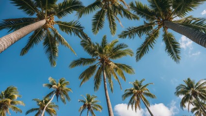 Obraz premium Coconut Palm Tree Canopy Under Clear Sky View from Below with Lush Green Fronds and Bright Blue Background