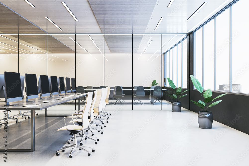 Poster Modern office workspace with desks, chairs, and computers in open area. Glass partition separates meeting room. Large windows provide city view. 3D Rendering