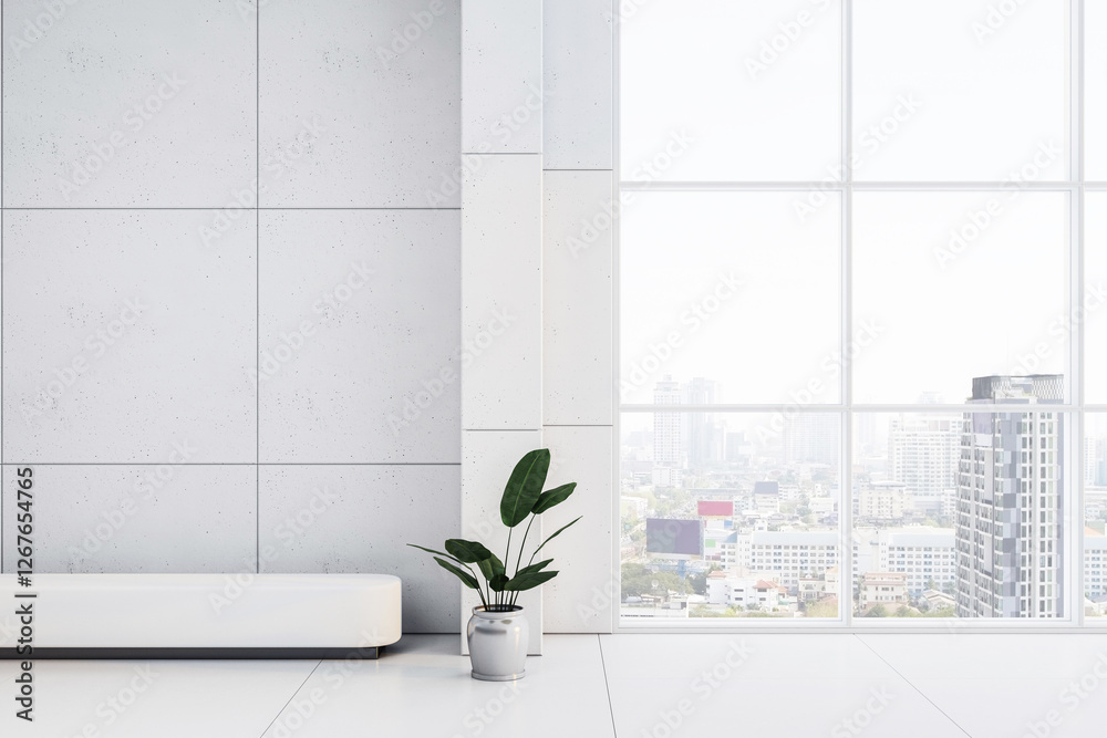 Poster Modern minimalist lobby with large glass window and city view. 3D Rendering
