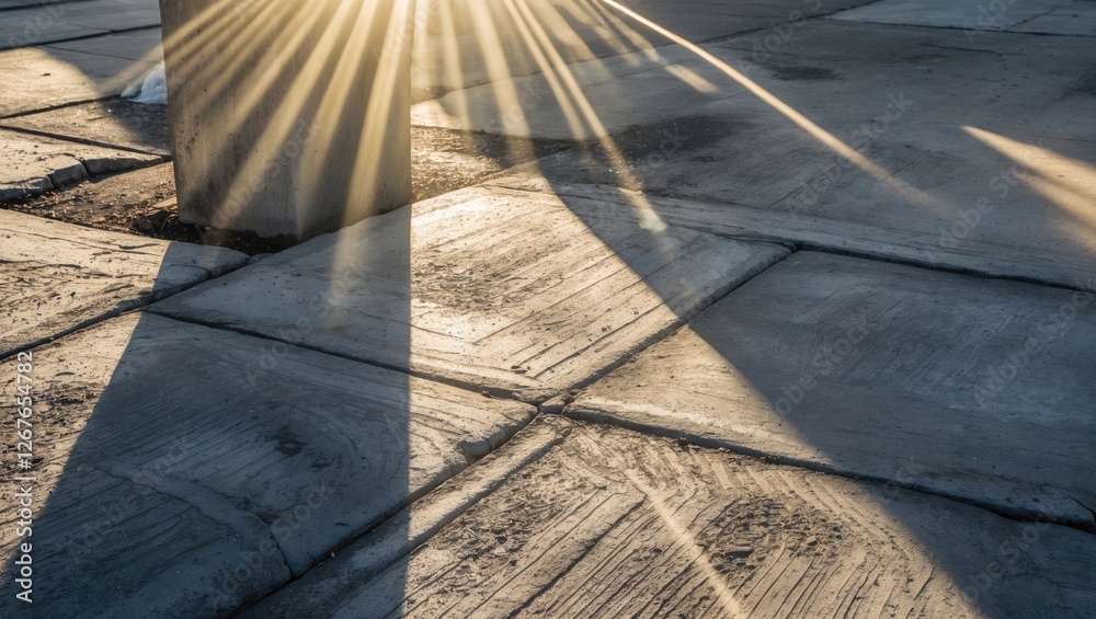 Wall mural concrete pavement illuminated by sunlight creating shadows and textures on the surface during a sere