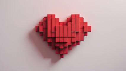 Fototapeta premium A 3D representation of a heart made from stacked red cubes against a soft textured background, creating a warm ambiance