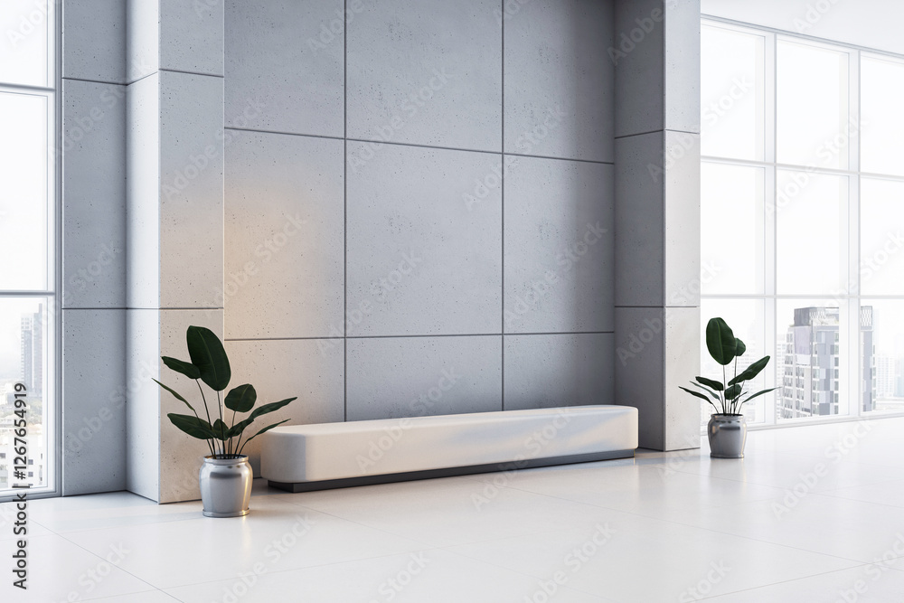 Poster modern minimalist lobby with concrete walls, large windows, and a sleek bench. 3d rendering