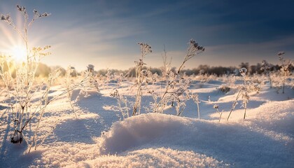 winter background with snowy field in sunlight