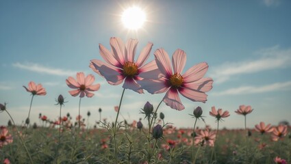 Cosmos Flowers Blooming Under Bright Sunlight in a Vibrant Field During Springtime