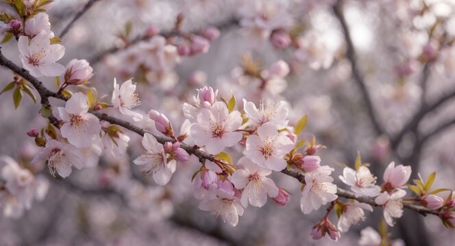 Delicate Cherry Blossom Branch with Soft Pink Flowers and Blurred Background Ideal for Spring Themes and Text Overlay