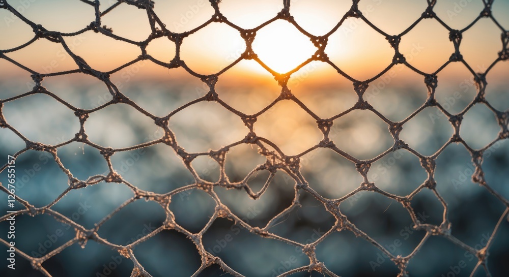 Poster abstract sunset view through a fishing net creating a soft defocused background in warm hues and tra