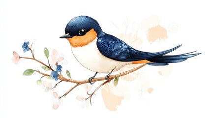 Fototapeta premium A swallow bird sits on a branch adorned with small flowers, showcasing its vibrant blue and orange plumage while enjoying the warmth of springtime