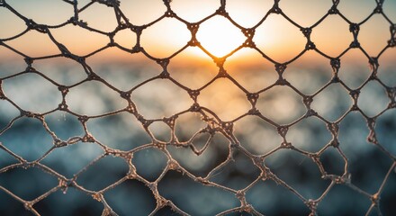 Fototapeta premium Abstract sunset view through a fishing net creating a soft defocused background in warm hues and tranquil patterns.