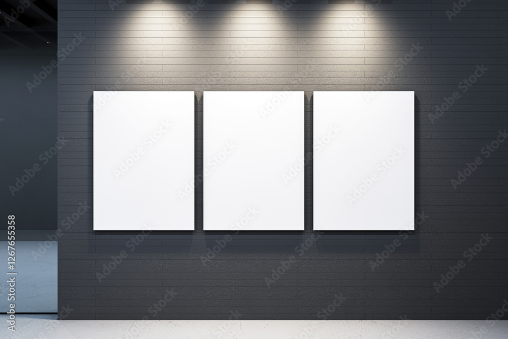 Poster Three blank vertical canvases on a dark gallery wall under spotlights. 3D Rendering