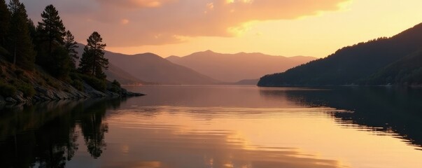 Soft golden light on Shasta Lake Reservoir at dusk, hills, golden hour