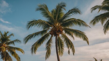 Coconut Palm Trees Against Blue Sky With Room For Text Ideal For Tropical Themes And Vacation Promotions