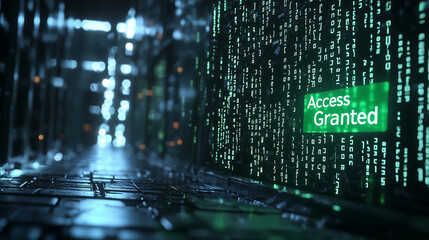 Futuristic digital security concept with glowing green binary code and access granted notification representing cybersecurity hacking encryption and data protection in a high-tech environment