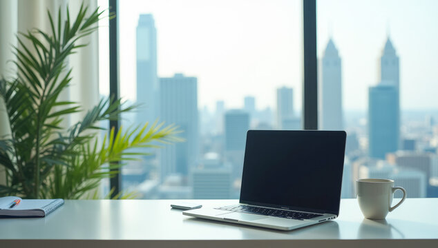 desktop with laptop in a skyscraper office - Powered by Adobe