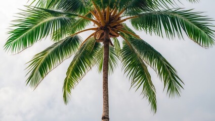 Coconut Palm Tree Isolated Against Bright Sky Showcasing Lush Green Leaves and Tall Trunk for Tropical and Relaxation Themes