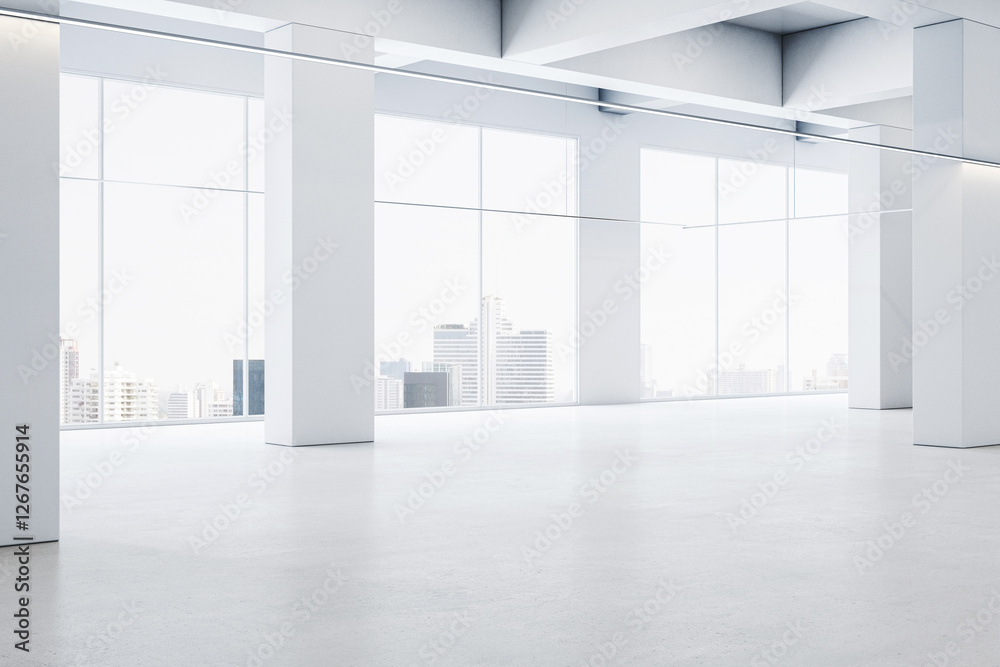 Poster spacious modern interior with large windows overlooking the city skyline. 3d rendering