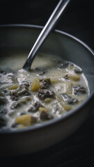 Würzige Hackfleisch-Lauch-Suppe mit Kartoffeln auf einem Teller – Deftige Hausmannskost