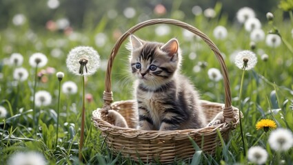 Charming kitten in a woven basket surrounded by blooming dandelions in a vibrant meadow setting with space for text or branding.