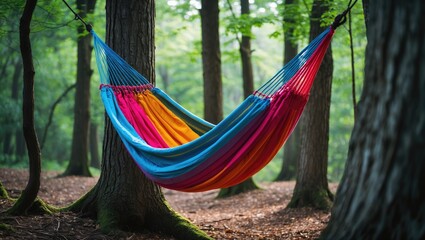Vibrant Hammock Suspended Between Trees In Serene Forest Setting Ideal For Relaxation And Nature Retreats