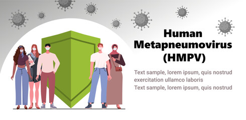 Human metapneumovirus (HMPV). Protection banner with shield and bacteria. Virus attacking immune safety bubble. Strong immunity protecting against viruses. Vaccination concept. Vector Not AI generated