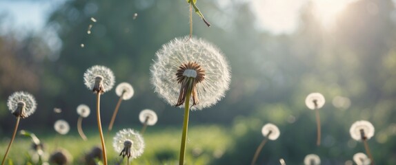 Dandelion Seeds Floating in a Sunlit Garden with Soft Focus Background and Space for Text or Copy