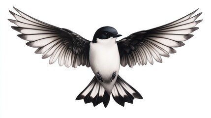 Obraz premium A swallow bird with striking black and white feathers spreads its wings wide, capturing the essence of freedom and spring in its dynamic posture