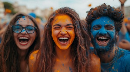 Obraz premium Happy People Celebrating Holi Hai Festival with Paint