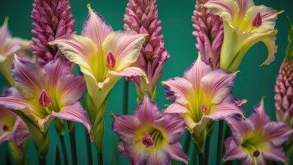 Elegant Pink and Yellow Gladiolus Flowers on Green Background in Macro Shot showcasing their delicate details and vibrant colors.
