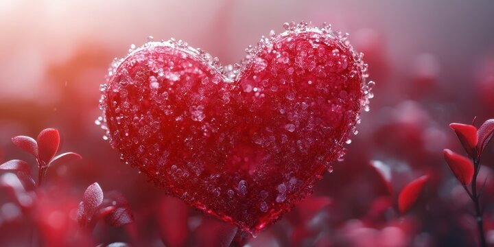 Shimmering red heart surrounded by vibrant foliage in a soft light setting