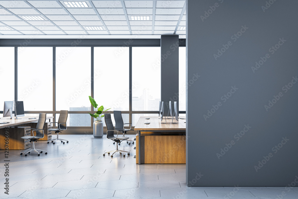 Poster modern spacious office interior with large windows and wooden desks. 3d rendering