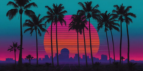 Obraz premium Retro 80s Neon Sunset with Palm Trees and Futuristic Grid – Vaporwave Aesthetic Illustration