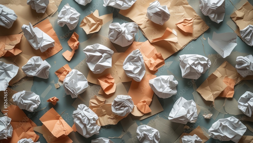 Poster dynamic flat lay of crumpled paper sheets in varying colors creating an artistic and creative backgr
