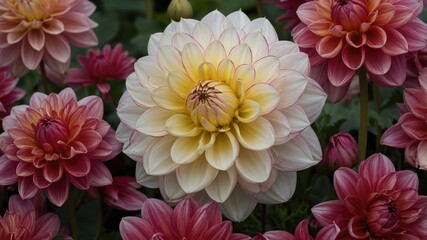 Obraz premium Vibrant Dahlia Blooms in Contrasting Shades of Red White and Pink Displaying Natural Beauty in a Garden Setting