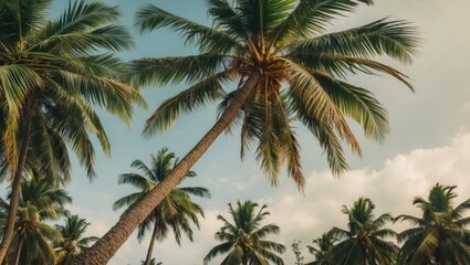 Coconut Palm Trees Against a Clear Sky in Vintage Style with Ample Space for Text Creation and Tropical Aesthetic