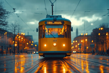 Obraz premium Vintage Tramcar Gleaming on a Rain-Kissed City Avenue at Twilight
