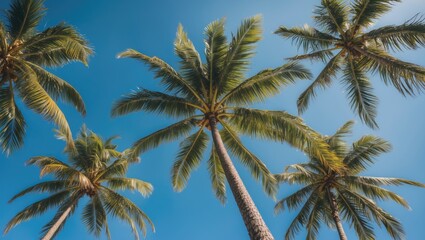 Coconut Palm Tree Canopy Against Bright Blue Sky View From Below Tropical Paradise Background