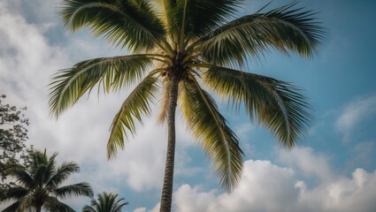 Coconut palm tree under a blue sky with fluffy clouds offering ample space for text or design elements in a tropical setting.