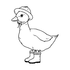 a black and white drawing of a cute cartoon duckling wearing hat and boots for coloring page