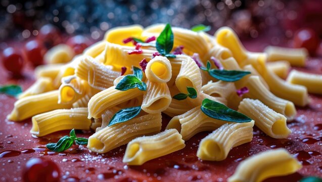 Chiocciole pasta beautifully arranged with fresh herbs and droplets, showcasing a delightful culinary presentation on a vibrant background.