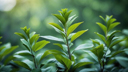 Obraz premium Lush Green Leaves in Close-Up with Softly Blurred Background Highlighting Natural Serenity and Vibrant Vegetation in Nature Scene