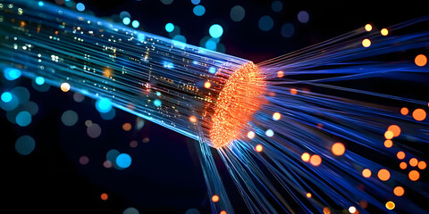 Wireless data transmission, high speed internet. Information flow in abstract cyberspace. Neural network 3D illustration. Big data and cybersecurity. Data stream. Global database and AI