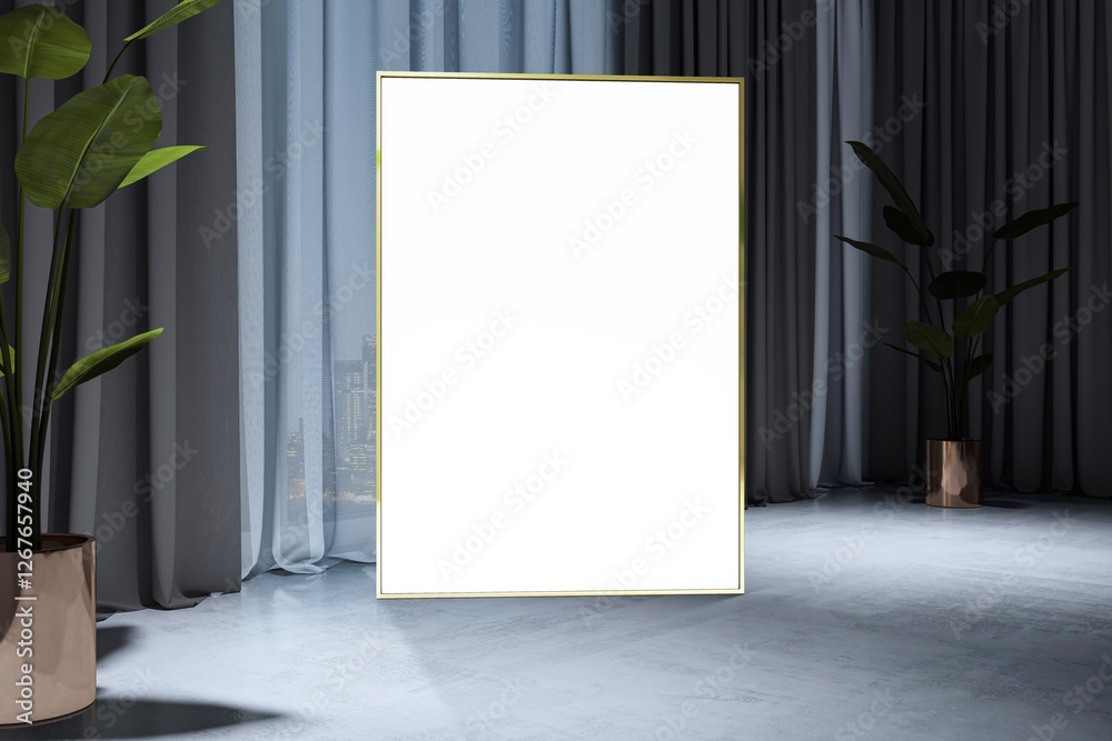 Poster large blank vertical frame in modern interior at night. 3d rendering