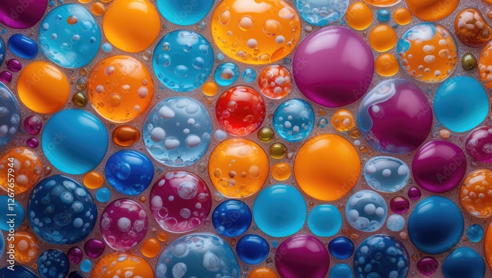 Poster vibrant abstract bubble pattern with colorful textures and reflections creating a mesmerizing backgr