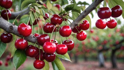 Fresh Ripe Cherries Hanging from a Tree Branch in an Orchard with Lush Green Leaves and Room for Adding Text