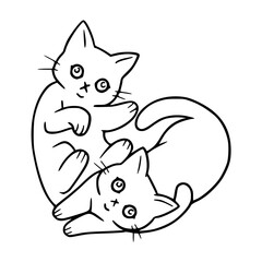 a black and white drawing of a heart shaped cute cartoon cats character
