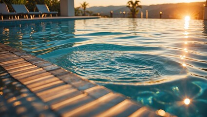 Obraz premium Tranquil Close-Up of Modern Swimming Pool at Sunset with Sunlight Reflection Water Ripples Ideal for Summer Vacation and Relaxation Themes