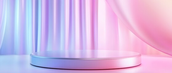 A silver round stage with a curtain behind it