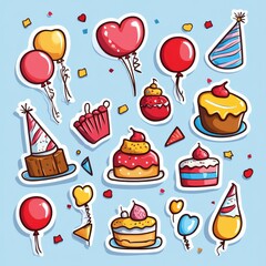 Festive stickers featuring colorful balloons, cakes, confetti, and party hats for celebration decorations. Generative AI