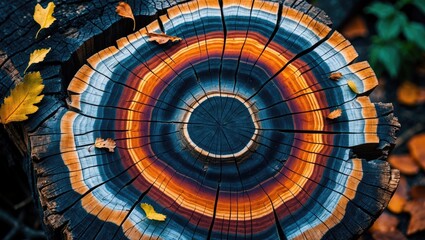 Fototapeta premium Detailed cross-section of a tree trunk showcasing vibrant growth rings, wood texture, natural patterns, and surrounded by autumn leaves.