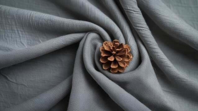 Gray fabric texture with decorative pine cone arrangement showcasing soft draping and natural elements for textile and design backgrounds.
